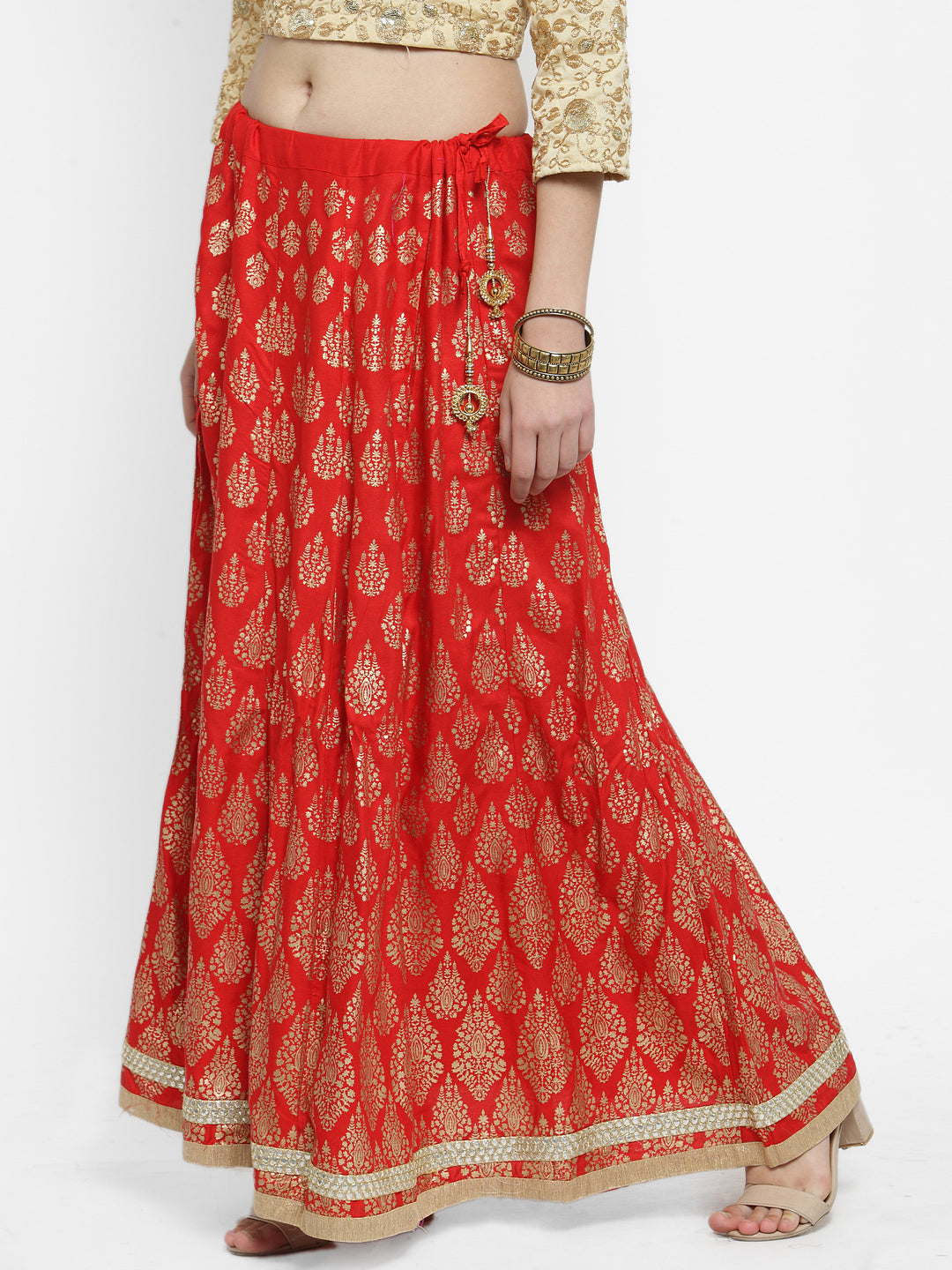 Women's Red Printed Embellished Flared Skirt - Wahe-NOOR