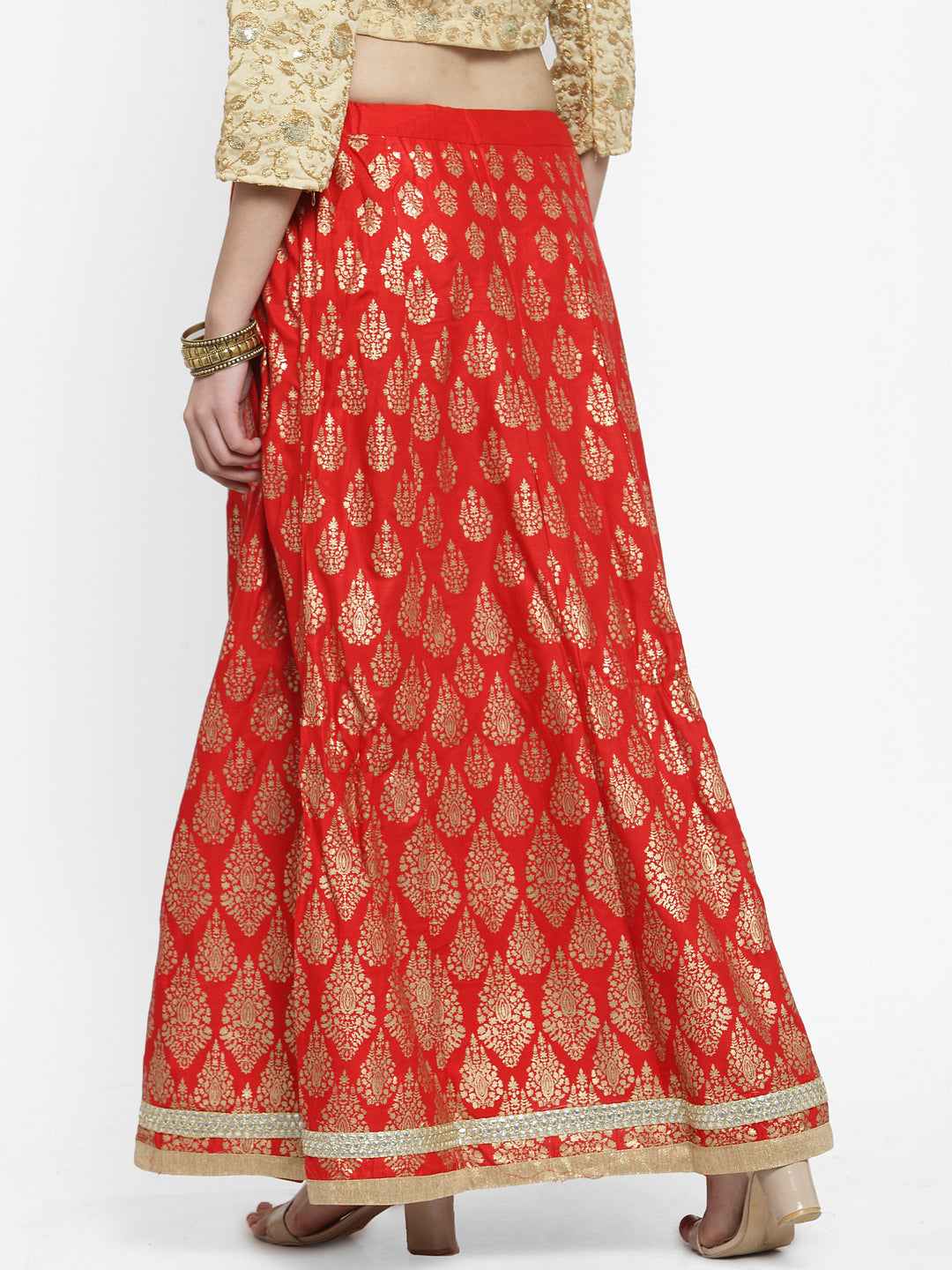 Women's Red Printed Embellished Flared Skirt - Wahe-NOOR