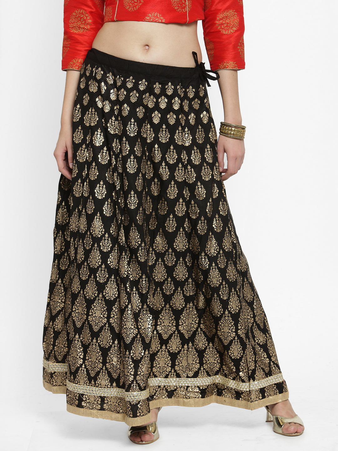 Women's Black Printed Embellished Flared Skirt - Wahe-NOOR