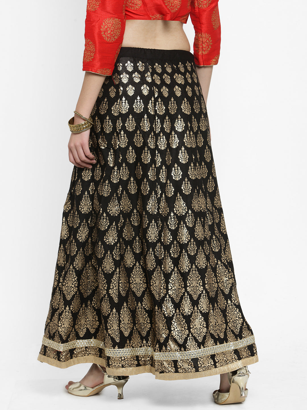 Women's Black Printed Embellished Flared Skirt - Wahe-NOOR