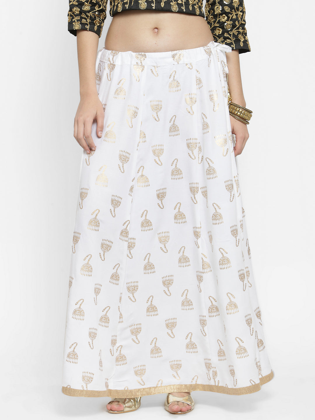 Women's White Printed Maxi Skirt - Wahe-NOOR
