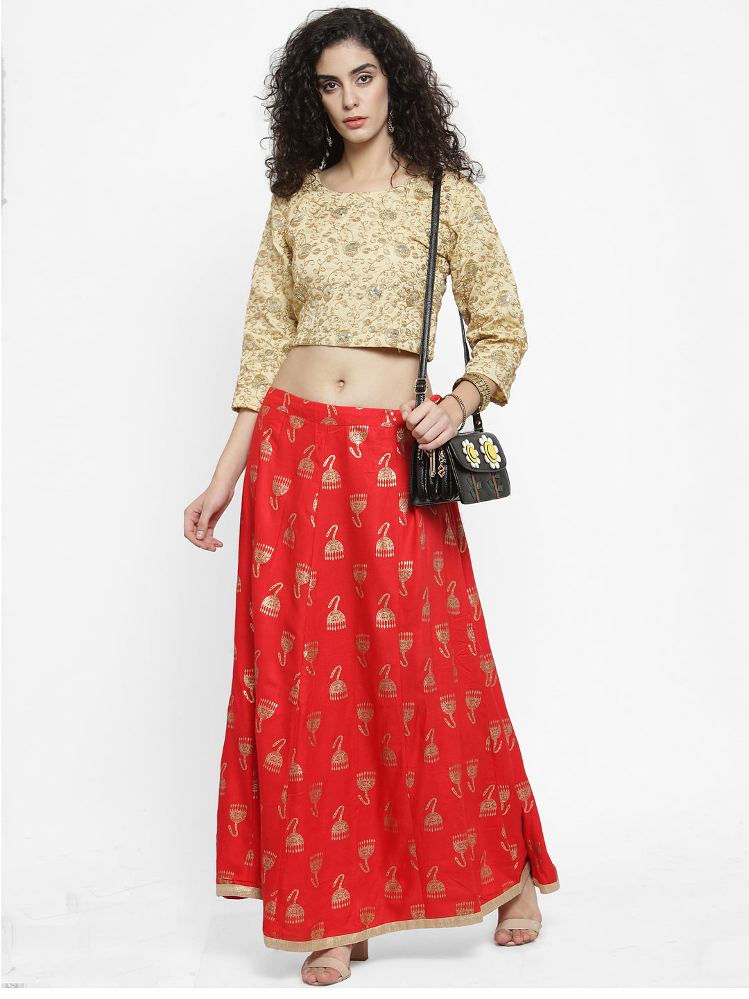 Women's Red Printed Maxi Skirt - Wahe-NOOR
