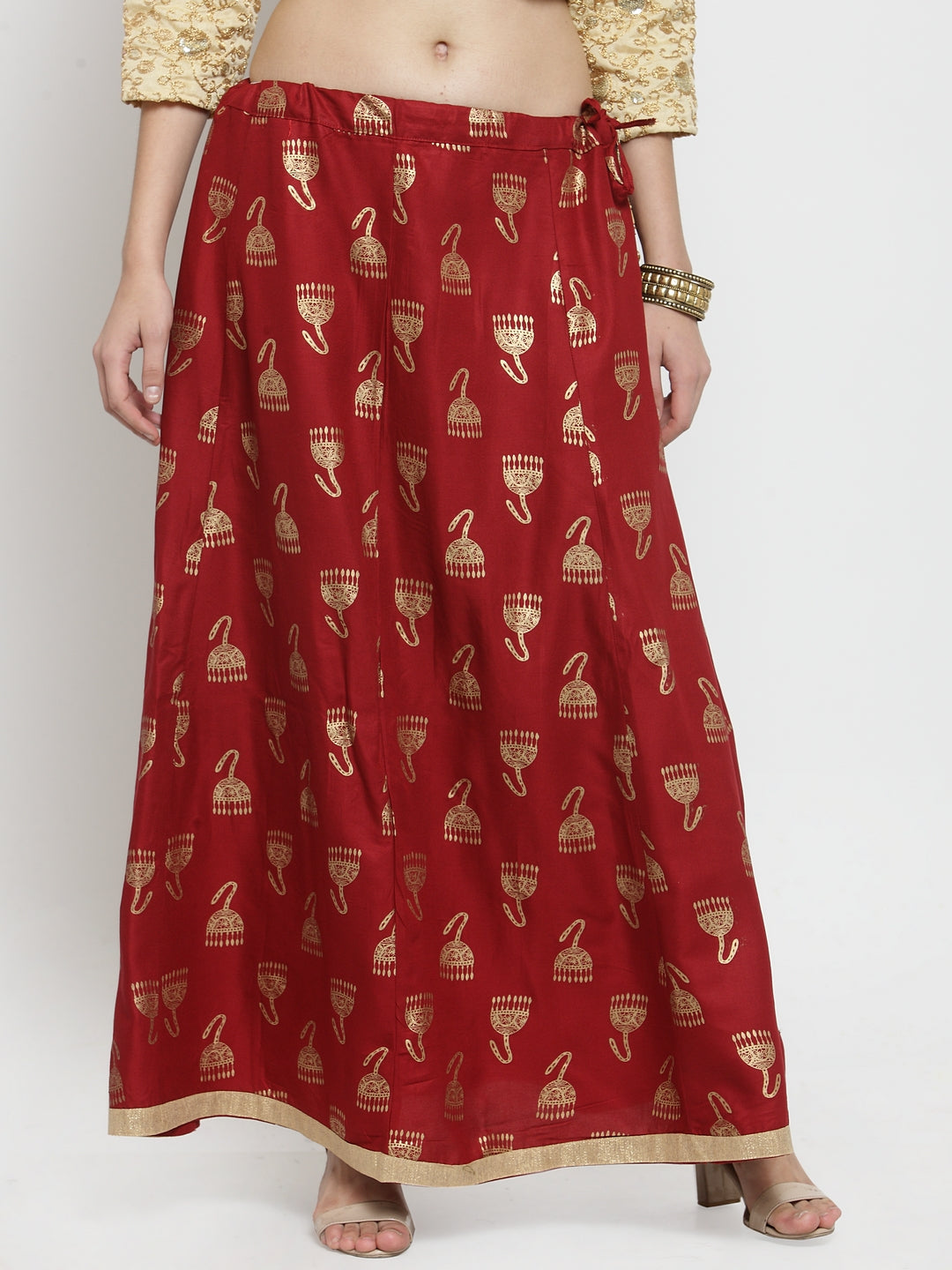 Women's Maroon Printed Maxi Skirt - Wahe-NOOR