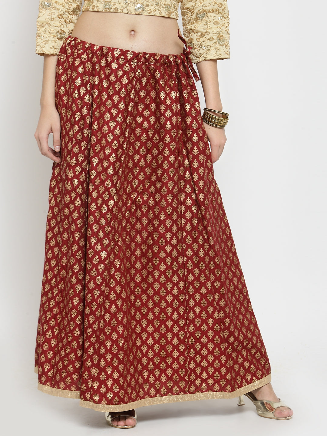 Women's Maroon Printed Rayon Flared Skirt - Wahe-NOOR