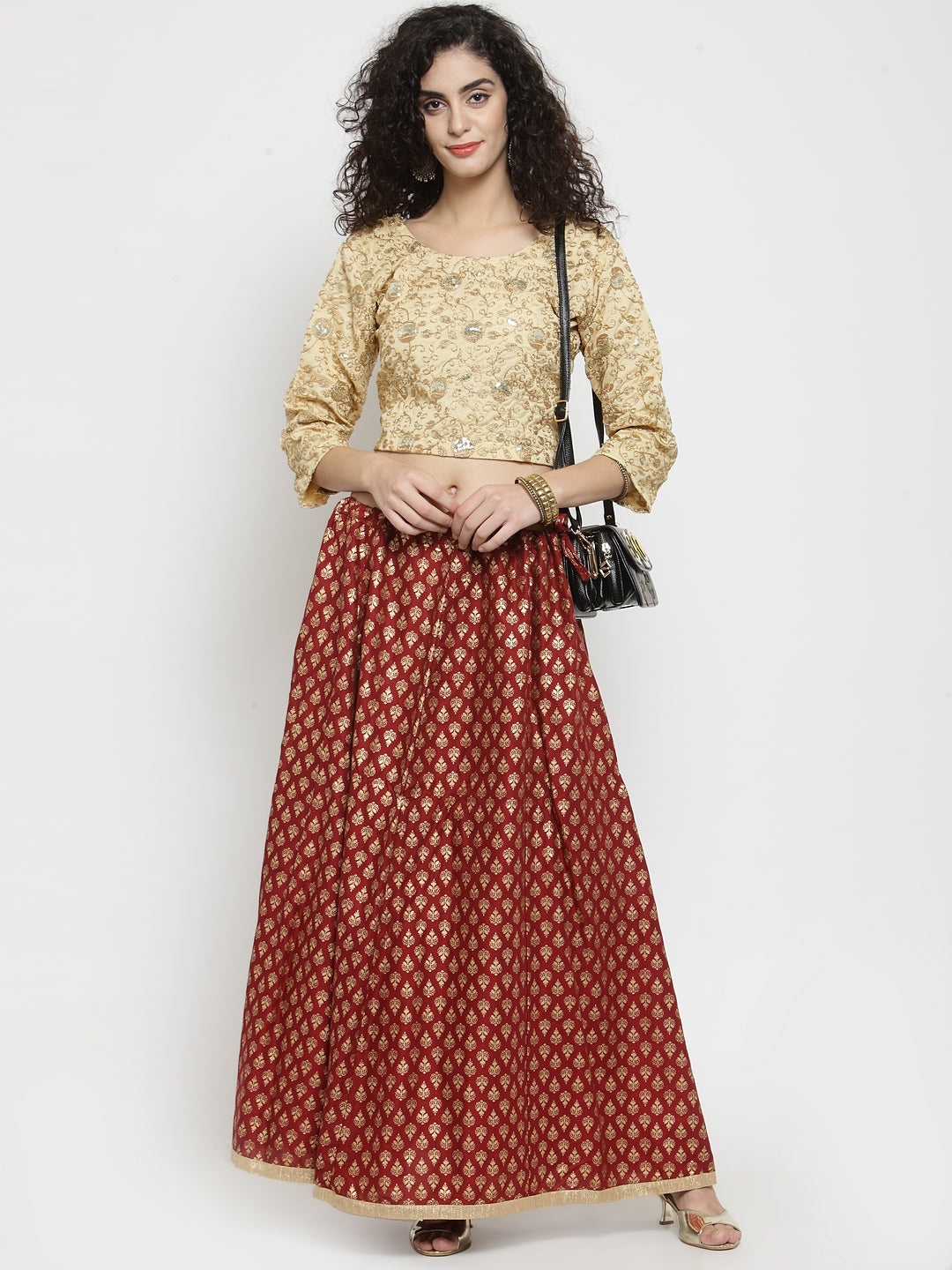 Women's Maroon Printed Rayon Flared Skirt - Wahe-NOOR