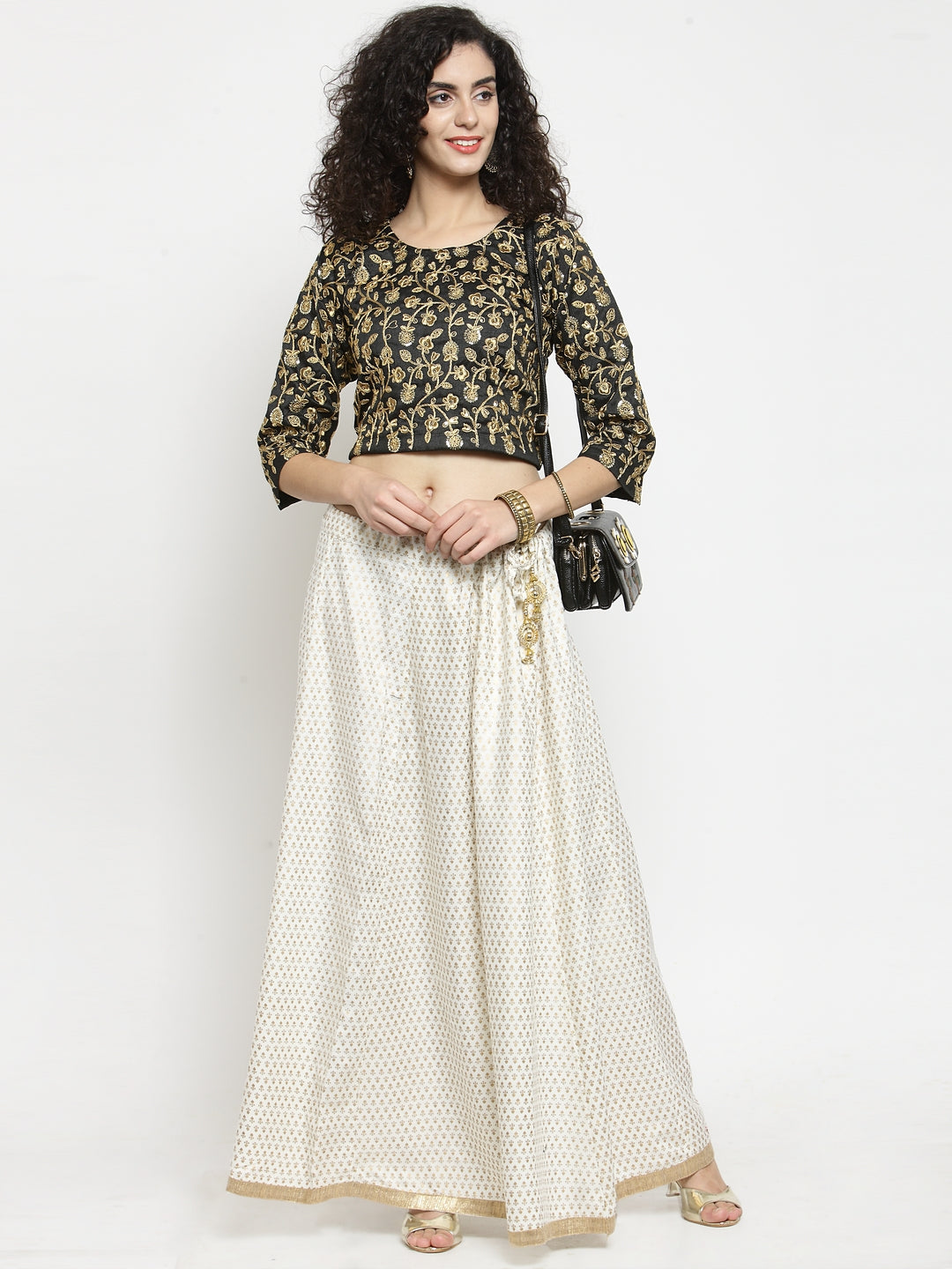 Women's Off-White Printed Rayon Maxi Skirt - Wahe-NOOR