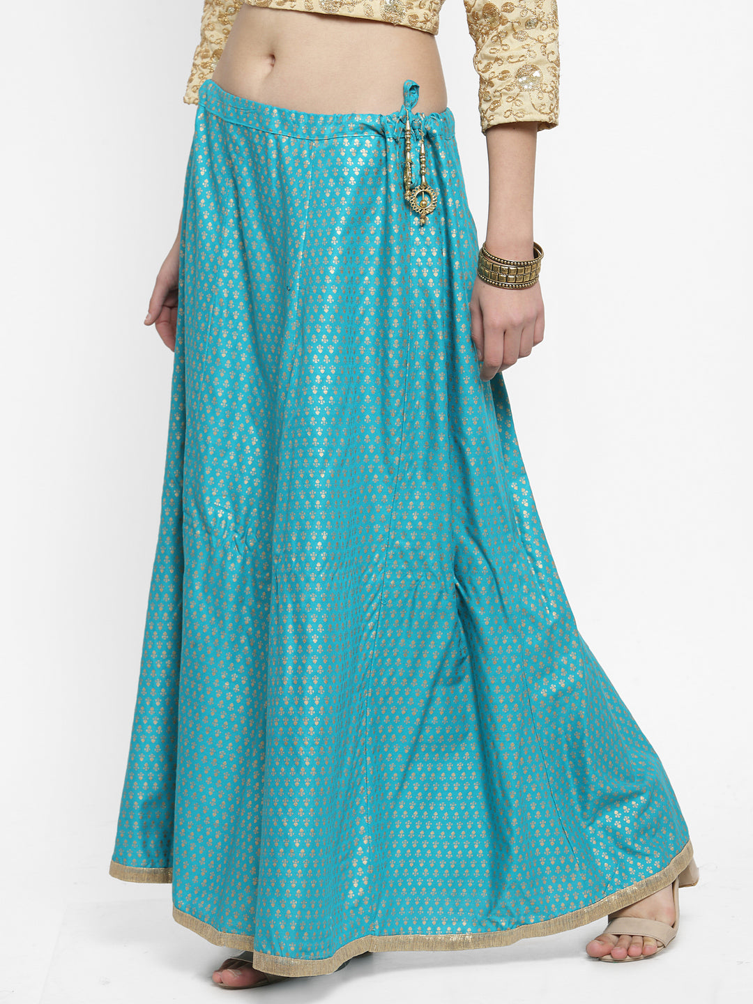 Women's Turquoise Printed Rayon Maxi Skirt - Wahe-NOOR