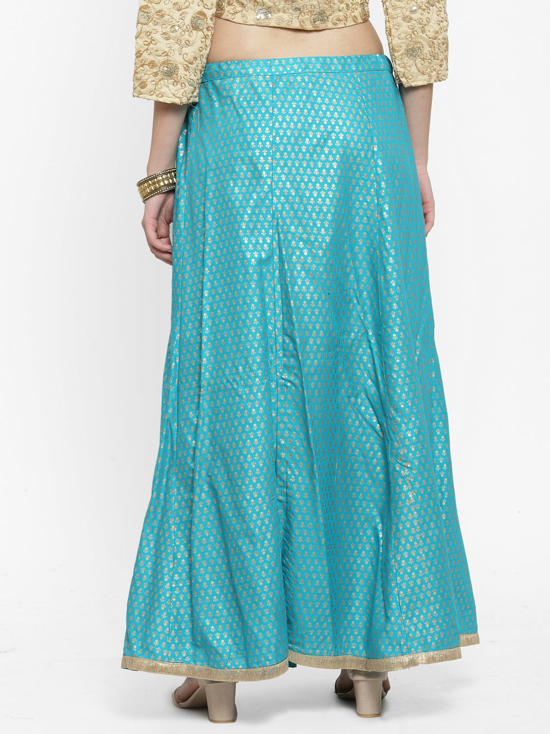 Women's Turquoise Printed Rayon Maxi Skirt - Wahe-NOOR
