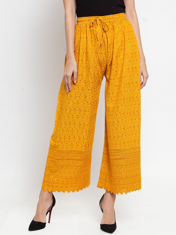 Women's Mustard Full Chikankari Rayon Palazzo