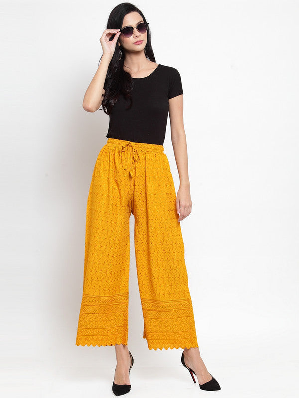 Women's Mustard Full Chikankari Rayon Palazzo