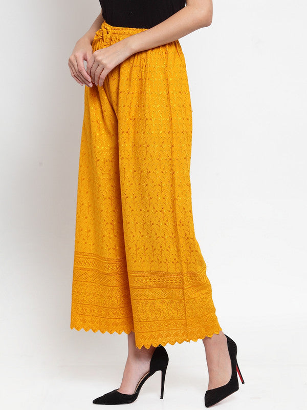 Women's Mustard Full Chikankari Rayon Palazzo