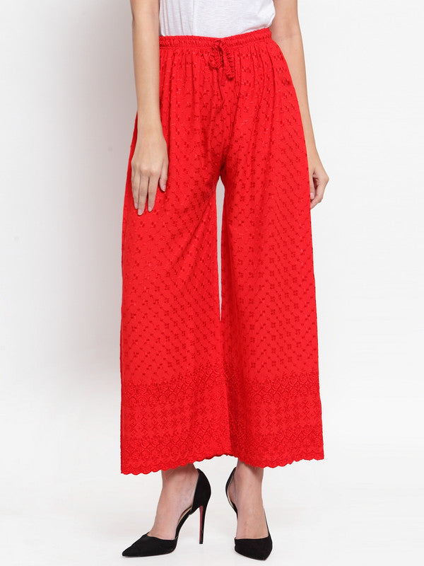 Women's Red Full Chikankari Rayon Palazzo