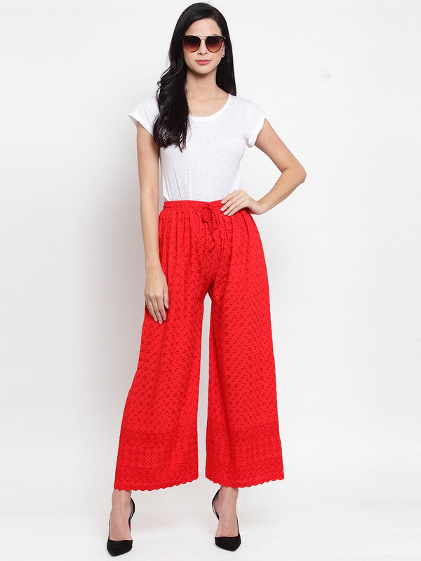 Women's Red Full Chikankari Rayon Palazzo