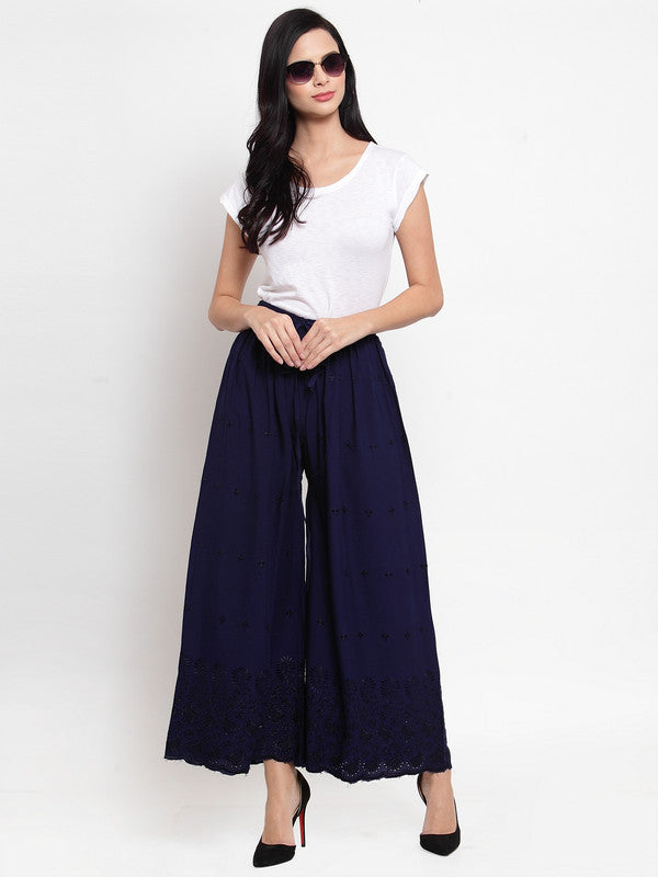 Women's Navy Blue Chikankari Rayon Sharara