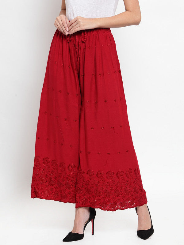 Women's Maroon Chikankari Rayon Sharara