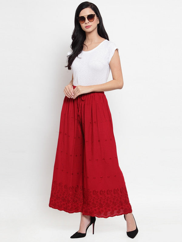 Women's Maroon Chikankari Rayon Sharara