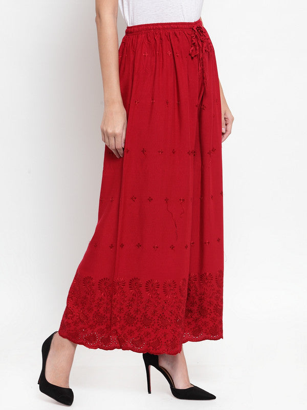 Women's Maroon Chikankari Rayon Sharara