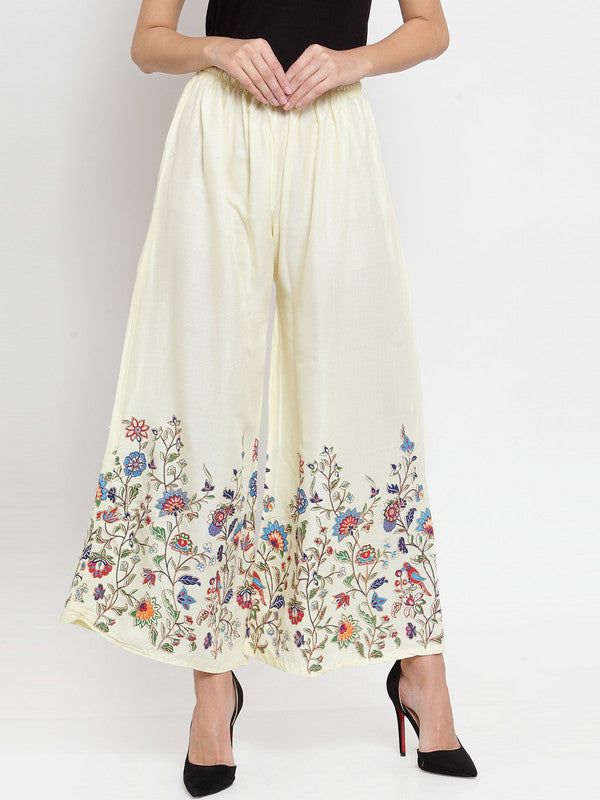Women's Off-White Floral Printed Rayon Palazzo