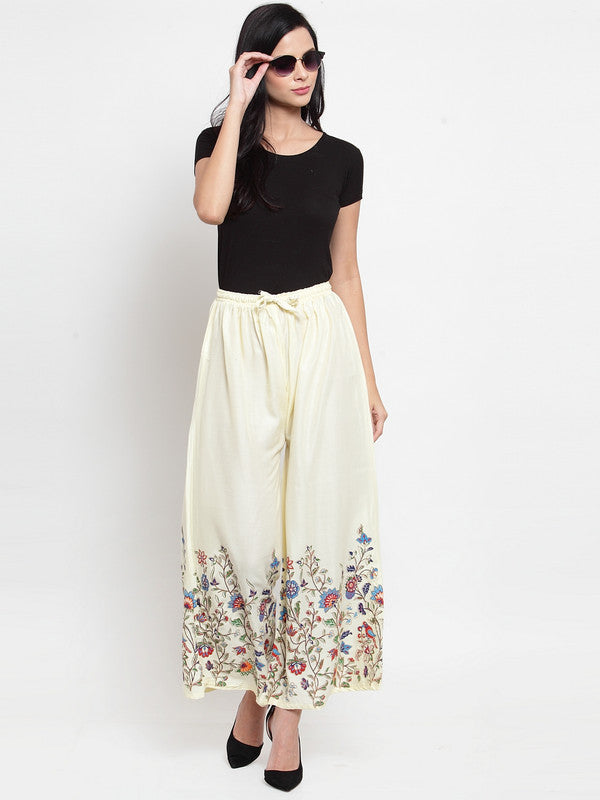Women's Off-White Floral Printed Rayon Palazzo