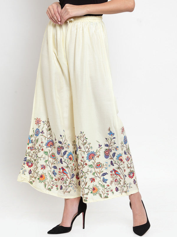 Women's Off-White Floral Printed Rayon Palazzo