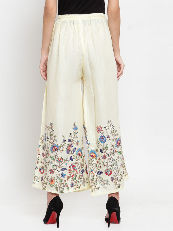 Women's Off-White Floral Printed Rayon Palazzo