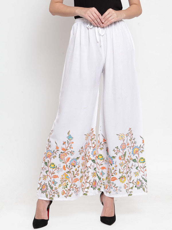 Women's White Floral Printed Rayon Palazzo