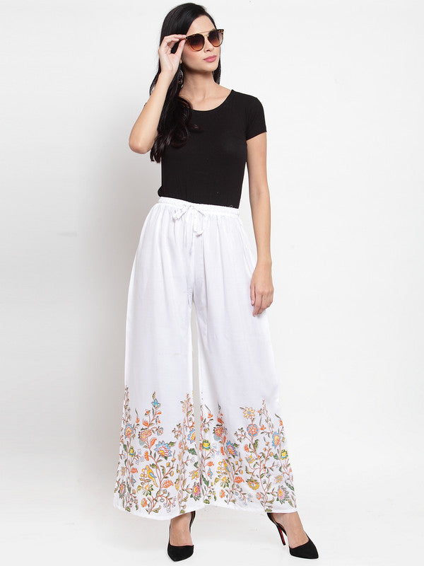 Women's White Floral Printed Rayon Palazzo