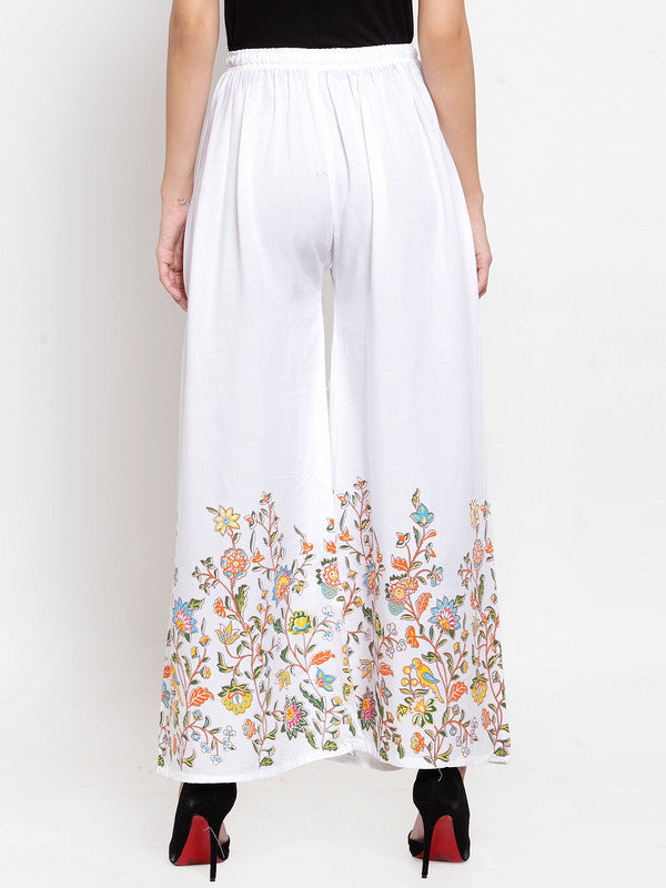 Women's White Floral Printed Rayon Palazzo - Wahe-NOOR