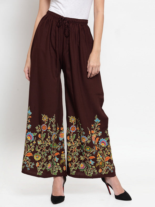 Women's Coffee Flower Printed Rayon Palazzo