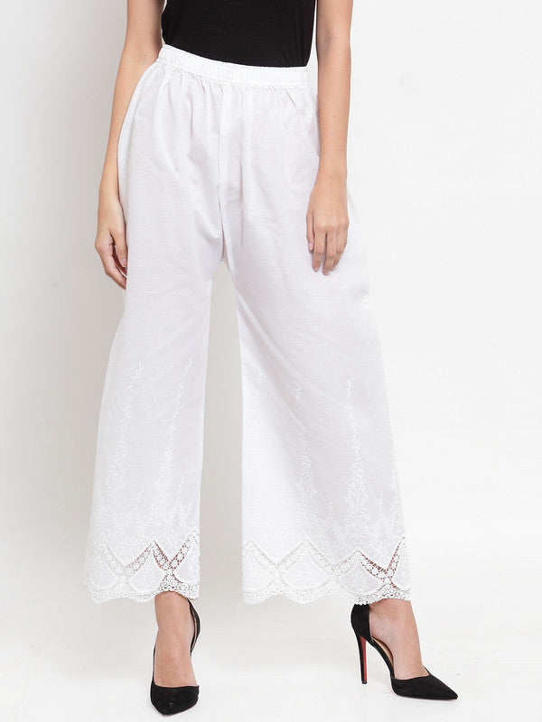 Women's White Straight Chikan Palazzo