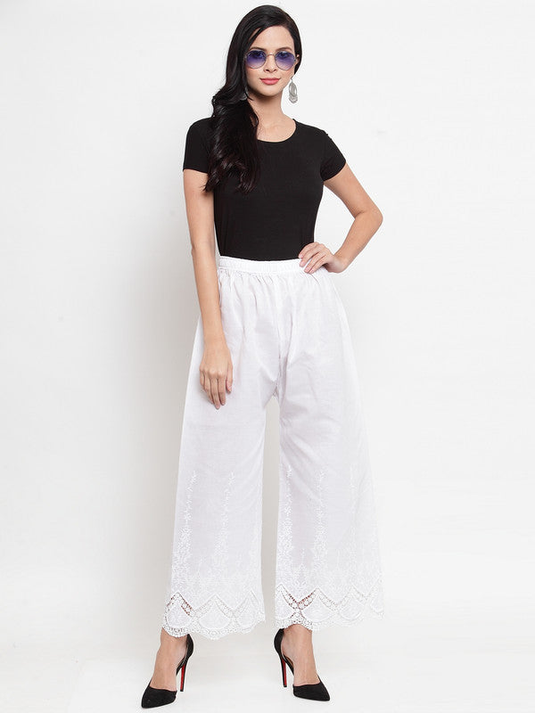 Women's White Straight Chikan Palazzo
