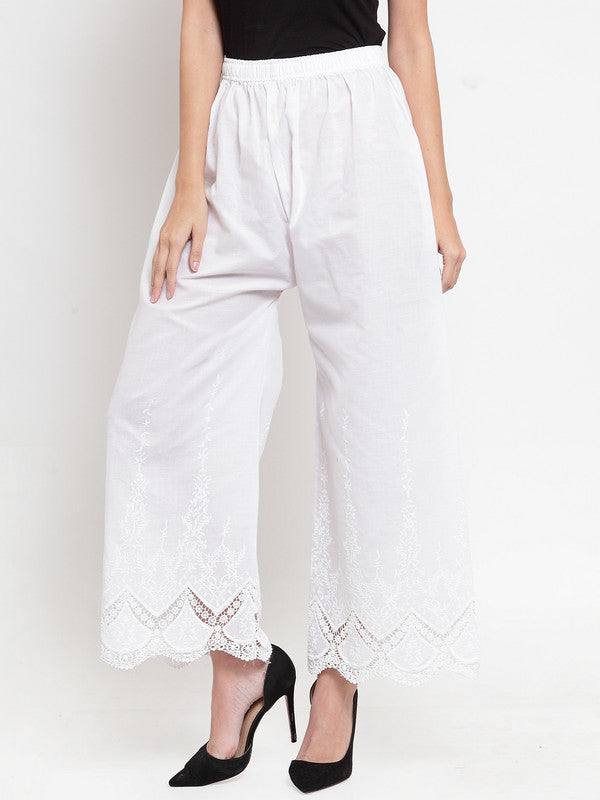 Women's White Straight Chikan Palazzo