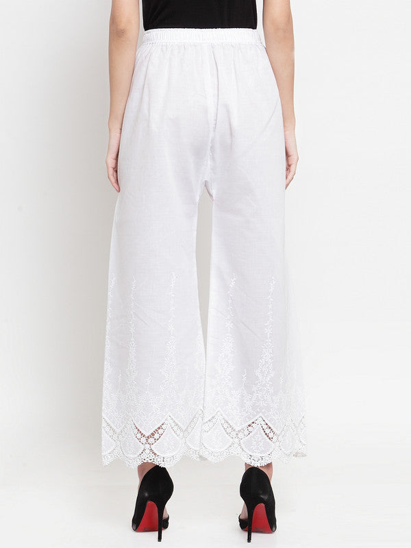 Women's White Straight Chikan Palazzo