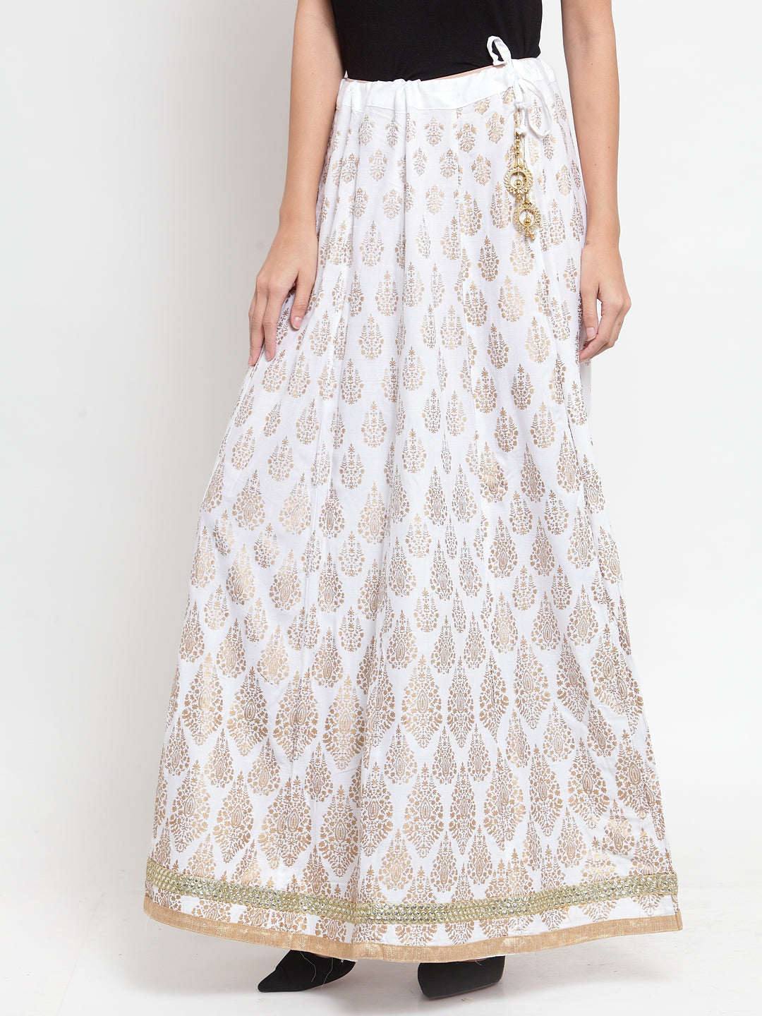 Women's White Embellished Rayon Flared Skirt - Wahe-NOOR