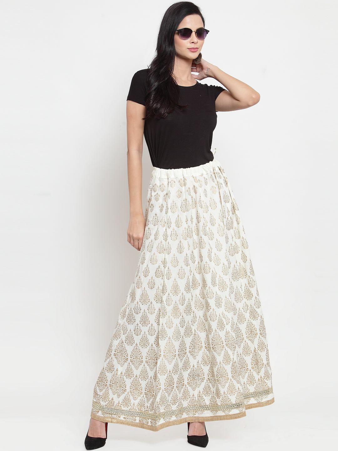 Women's Cream Embellished Rayon Flared Skirt - Wahe-NOOR
