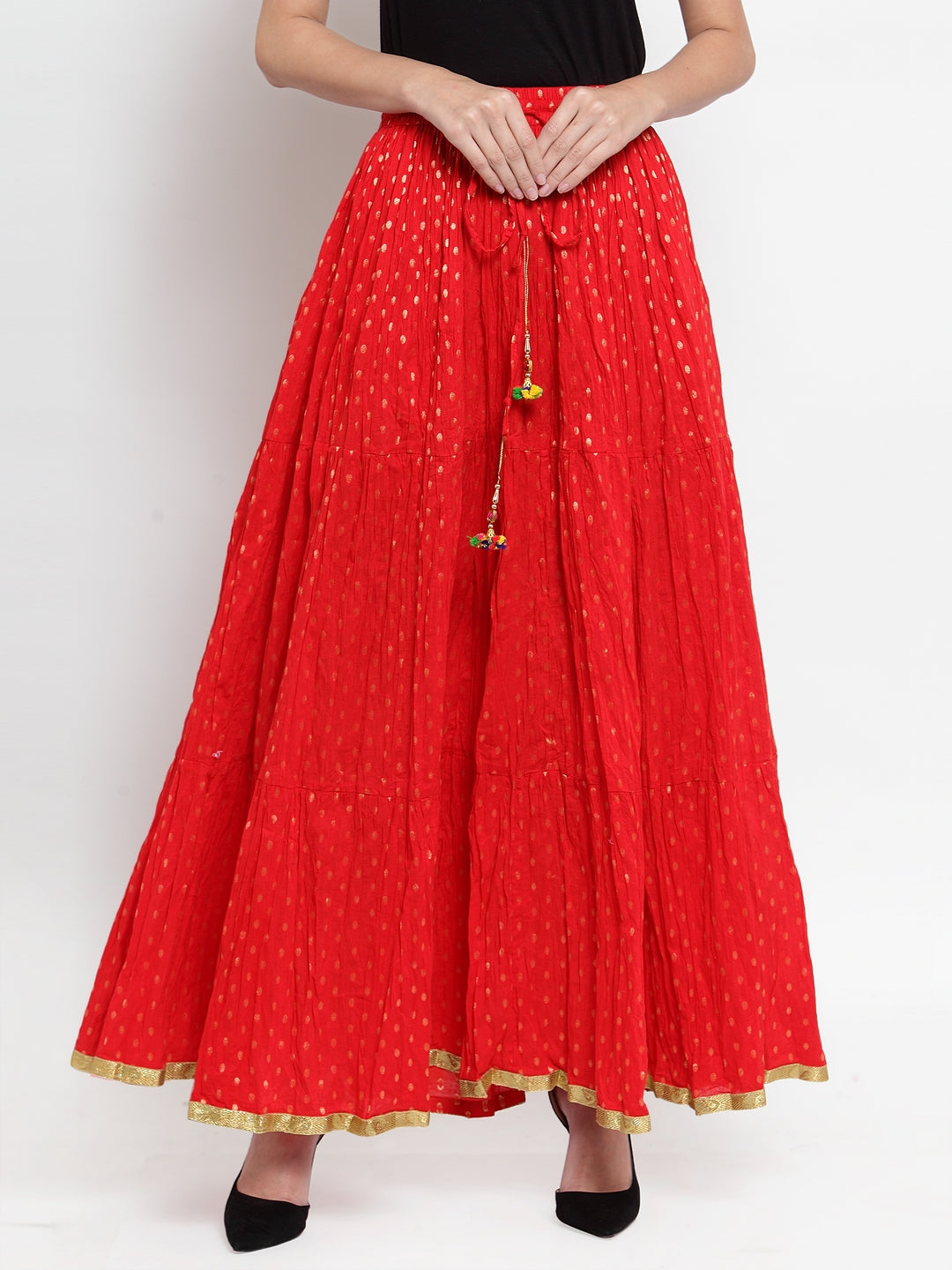 Women's Red Bandhani Maxi Skirt - Wahe-NOOR