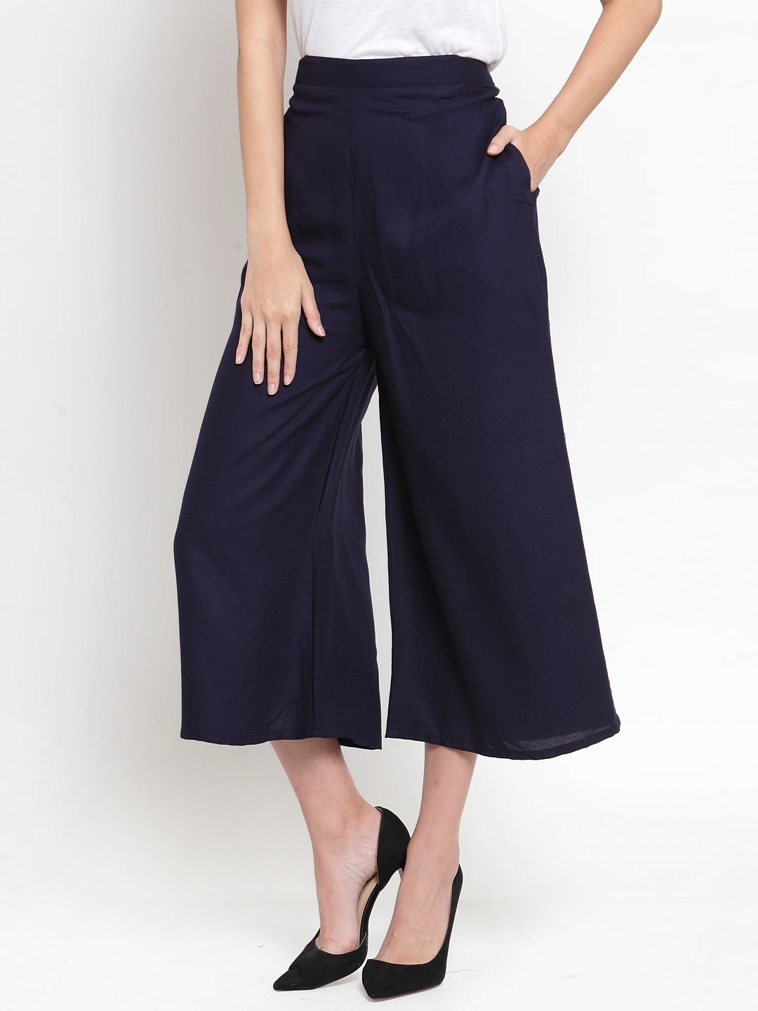 Women's Navy Blue Solid Rayon Culottes - Wahe-NOOR