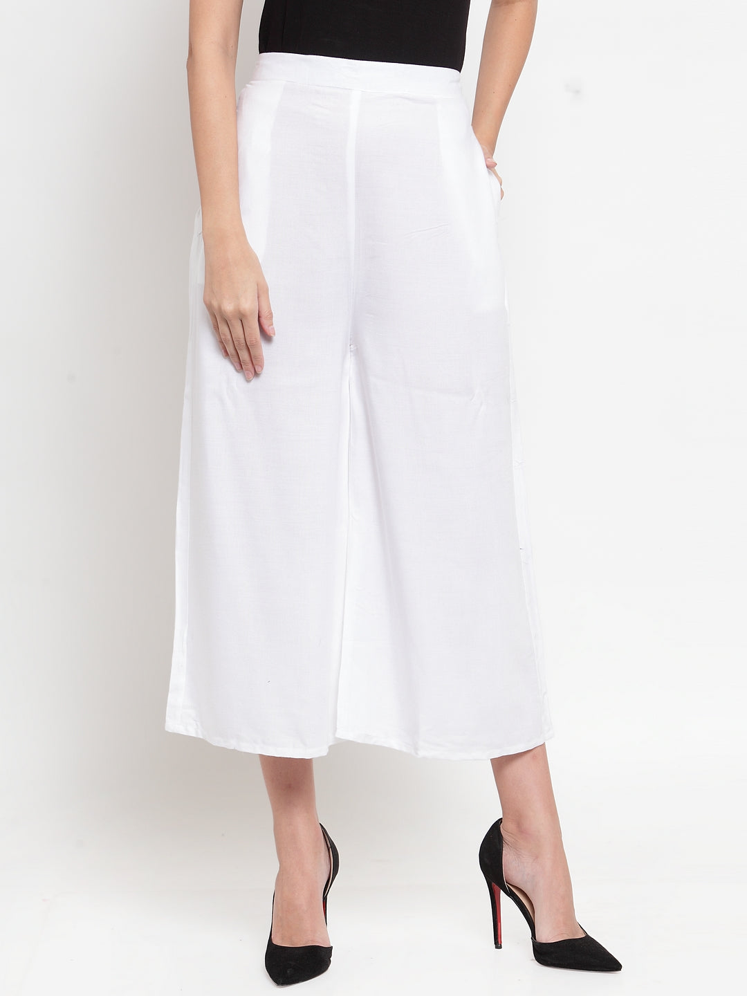 Women's White Solid Rayon Culottes - Wahe-NOOR