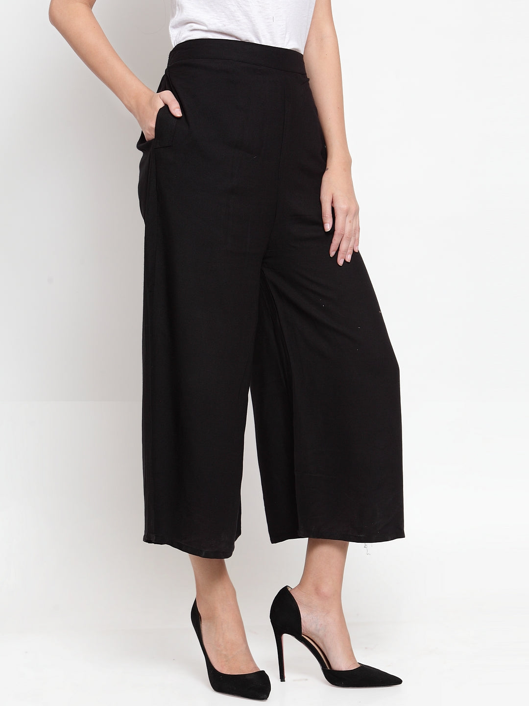 Women's Black Solid Rayon Culottes - Wahe-NOOR