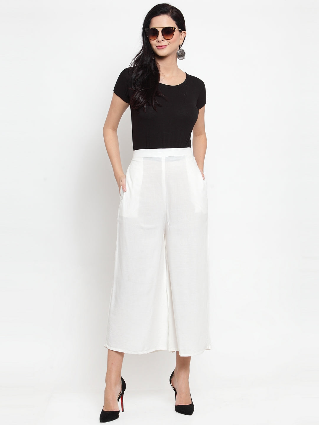 Women's Off-White Solid Rayon Culottes - Wahe-NOOR