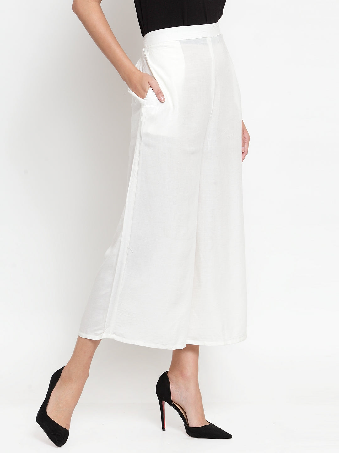 Women's Off-White Solid Rayon Culottes - Wahe-NOOR