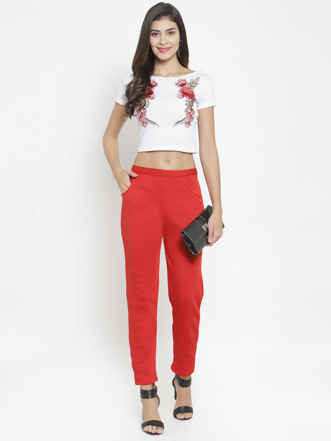Women's Red Woolen Solid Pant - Wahe-NOOR