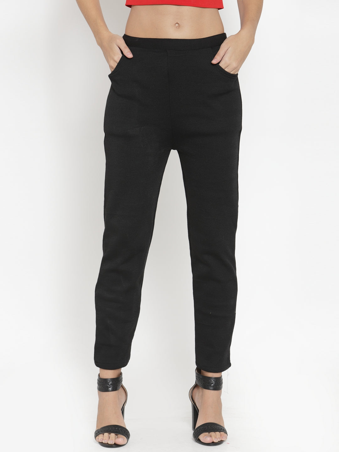 Women's Black Woolen Solid Pant - Wahe-NOOR