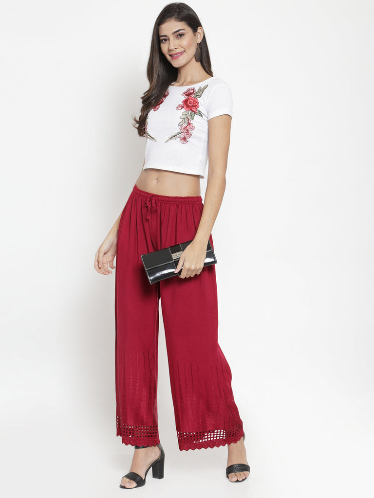 Women's Maroon Self Design Rayon Palazzo
