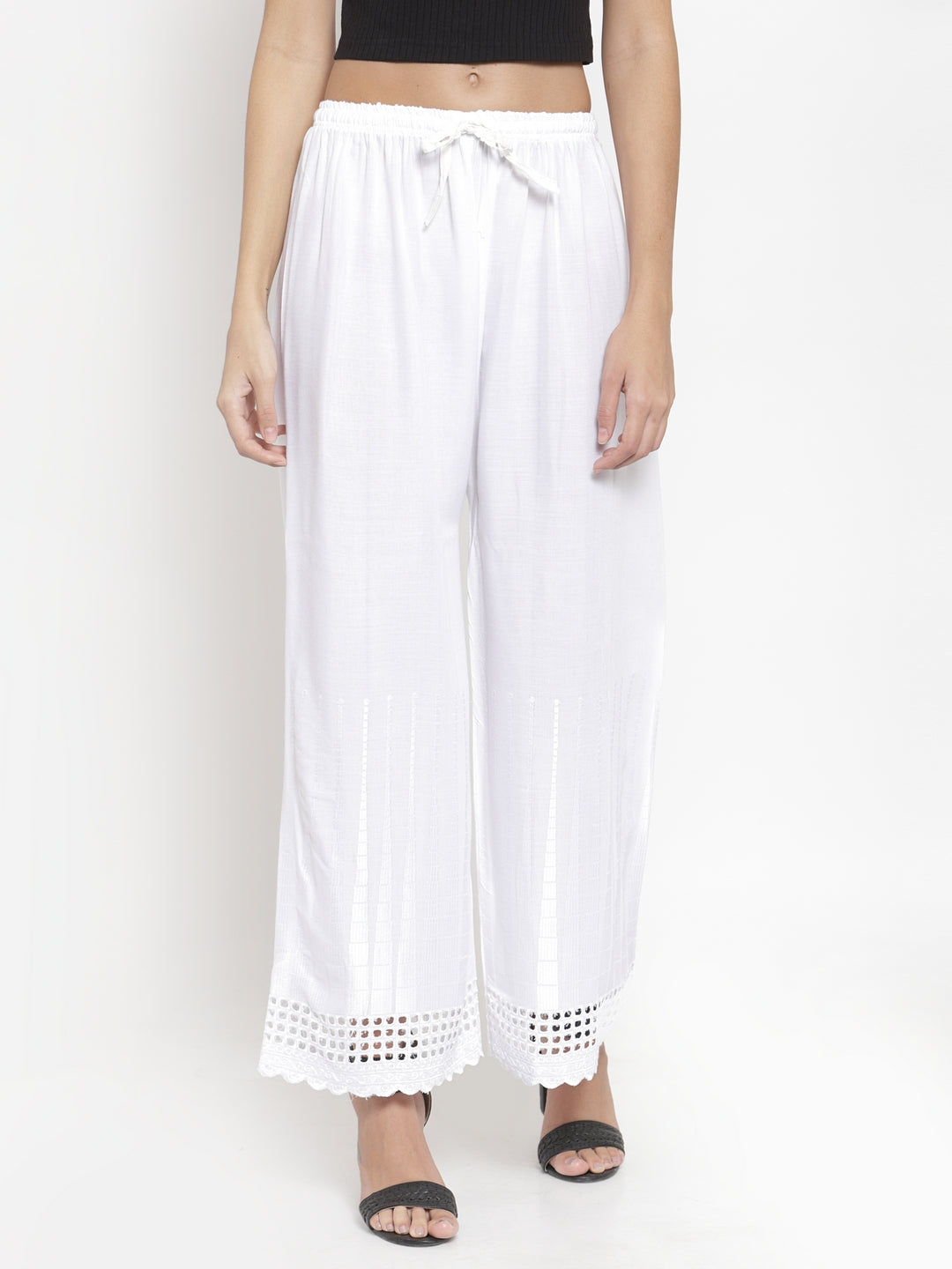 Women's White Self Design Rayon Palazzo