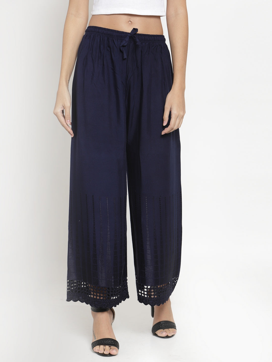 Women's Navy Blue Self Design Rayon Palazzo