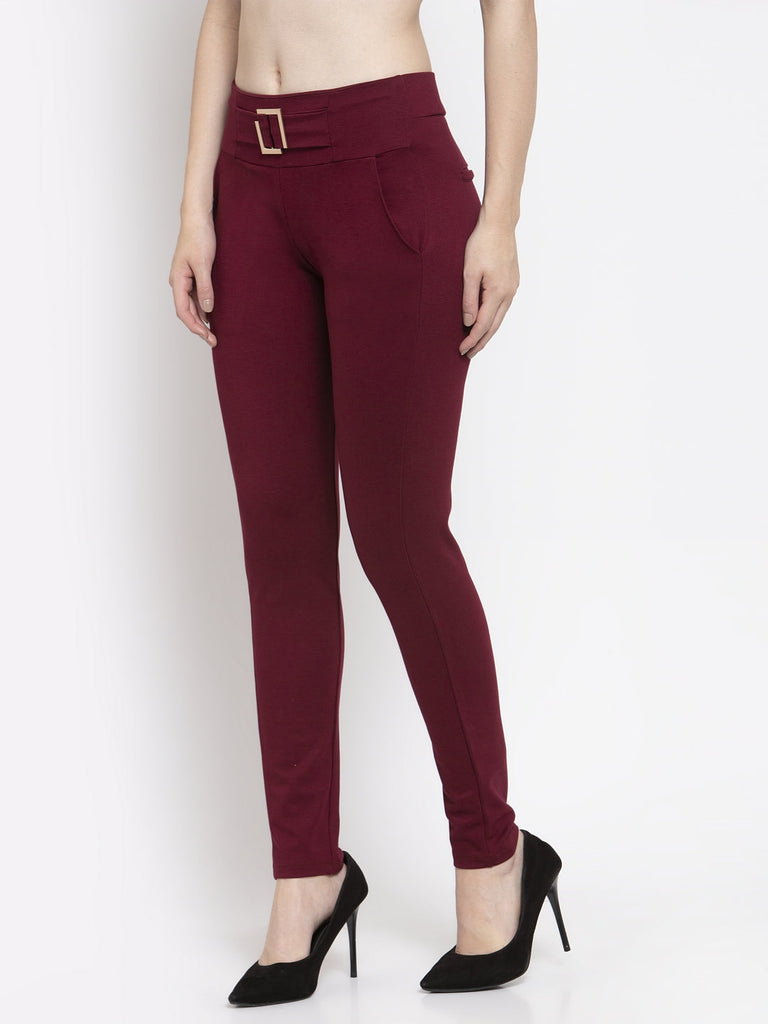 Women's Maroon Regular Fit Jeggings