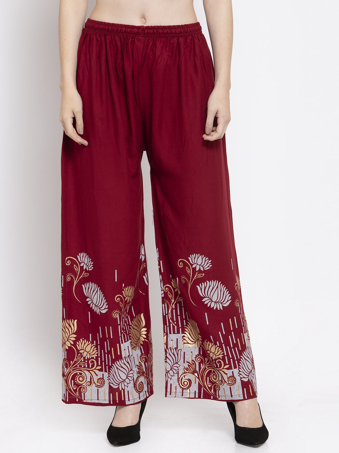 Women's Maroon Printed Rayon Palazzo