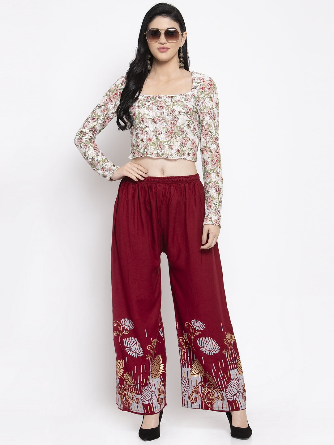 Women's Maroon Printed Rayon Palazzo
