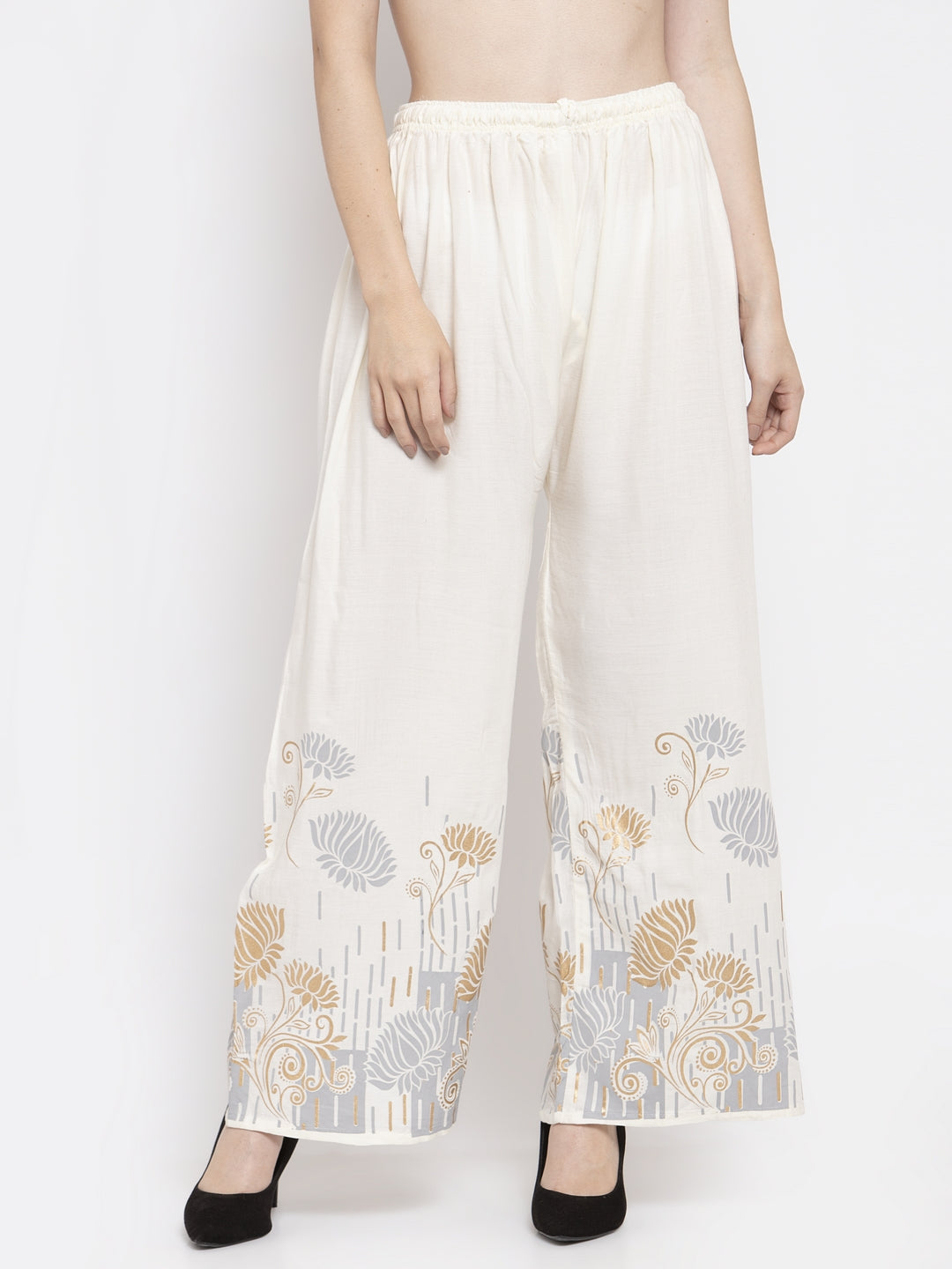 Women's Cream Printed Rayon Palazzo